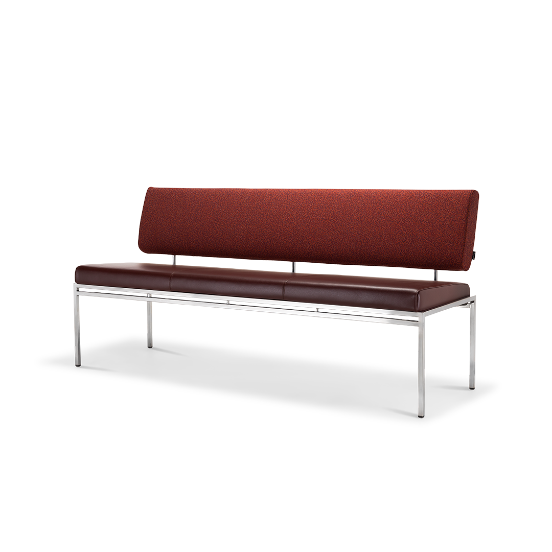 Harvink eetbank Troef in combinatie stof Mica rood en leer Club rood met frame geschuurd chroom