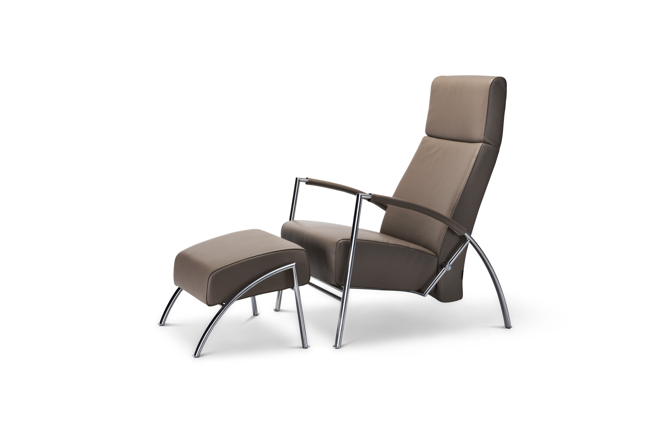 Harvink fauteuil met hocker Club Relax in leder lava met frame geschuurd chroom