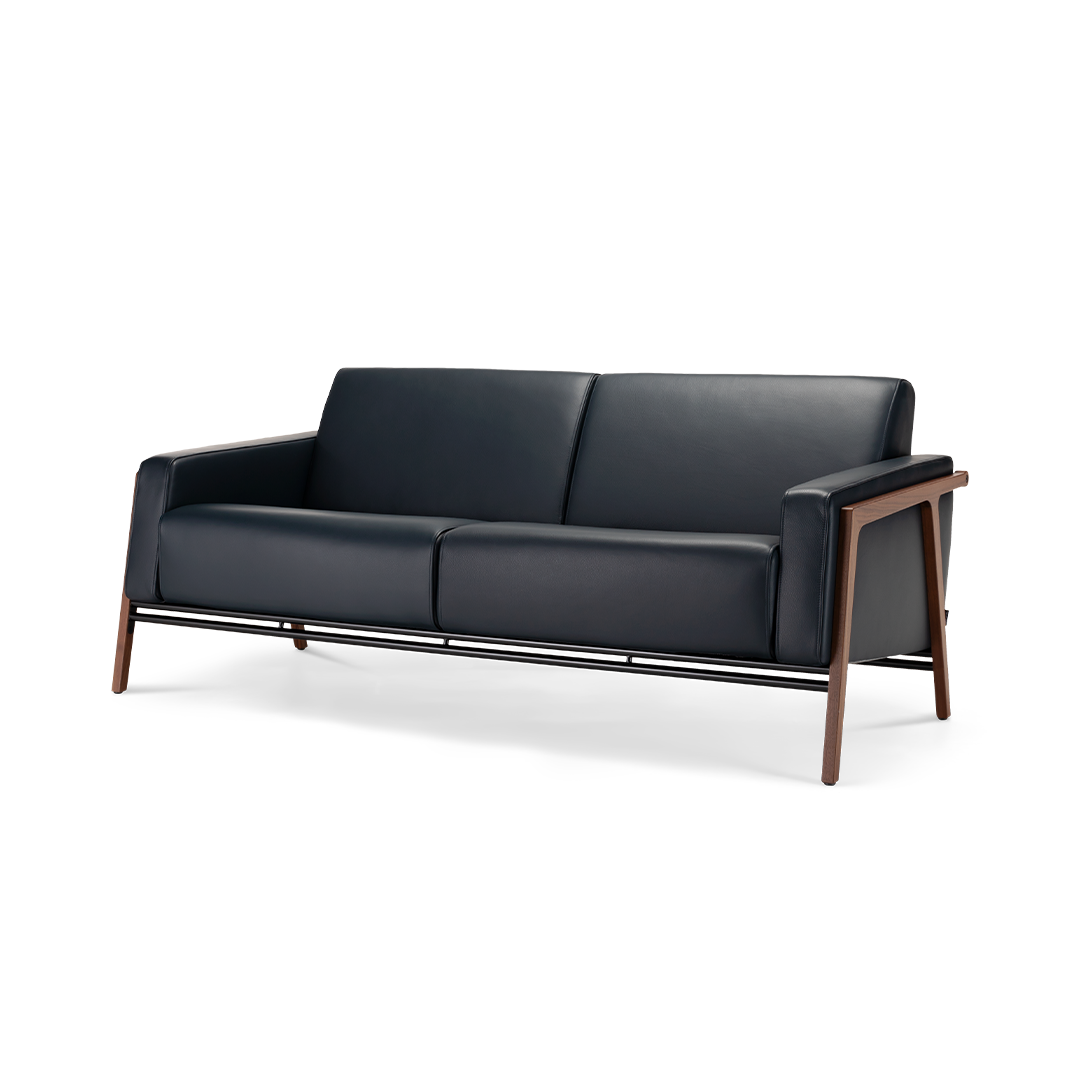 Harvink bank Splinter leder blauw met Amerikaans noten houten frame