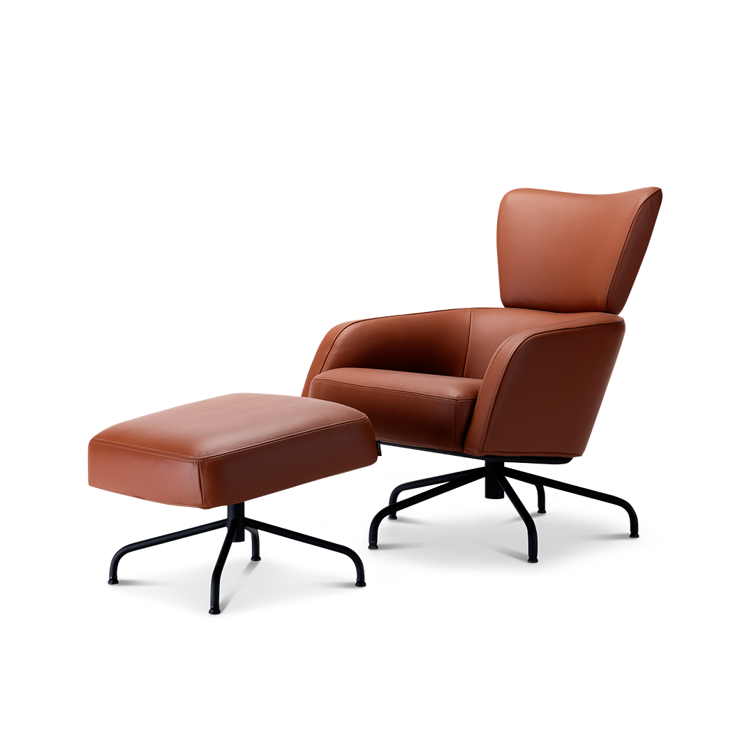 Harvink fauteuil met hocker Clip DO in leder cognac bruin met frame zwart fijnstructuur