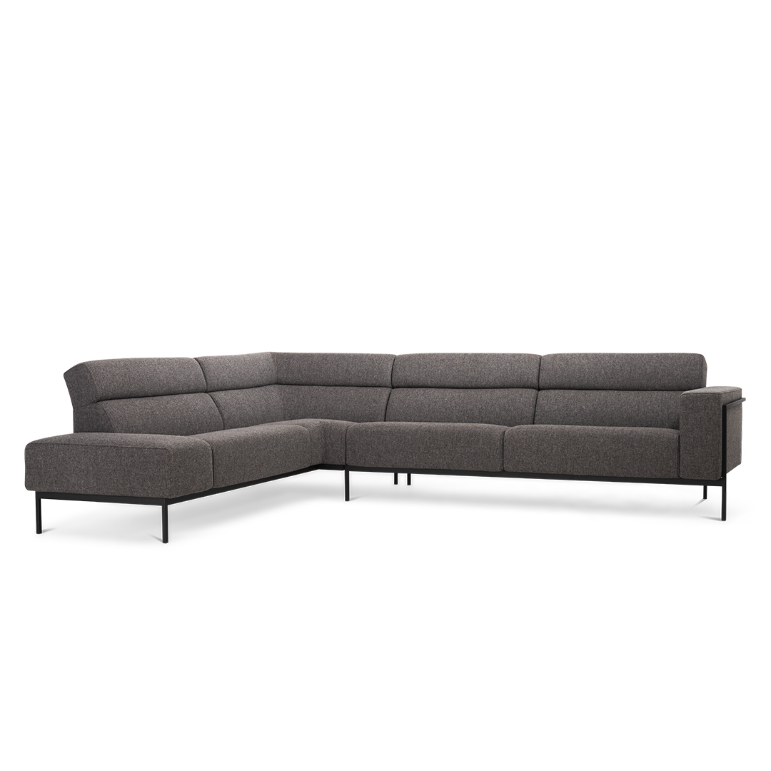 Harvink hoekbank Forum in stof Hallingdal donkerbruin grijs met zwart fijnstructuur frame