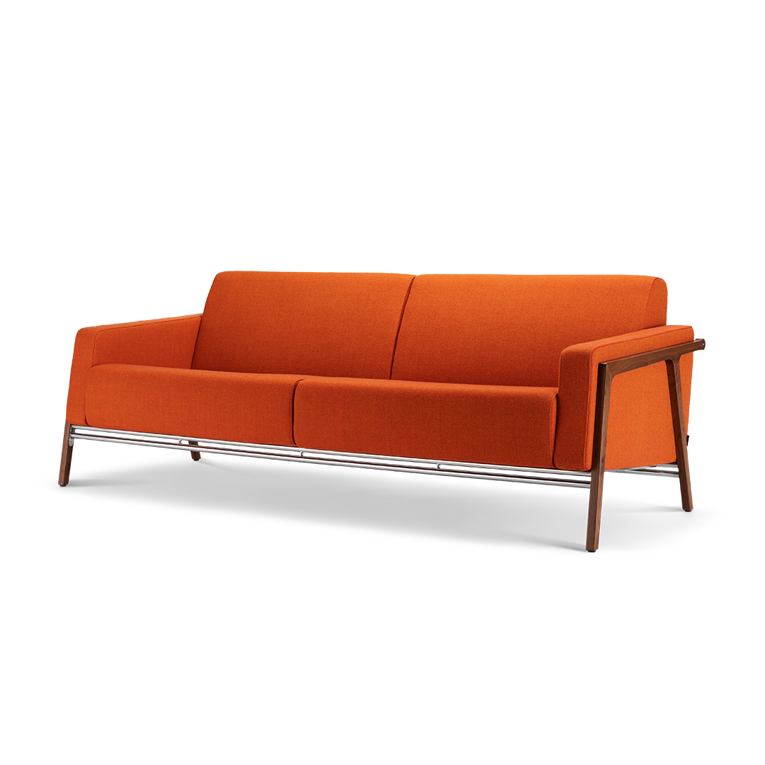 Harvink bank Splinter in stof oranje met frame Amerikaans noten en geschuurd chroom