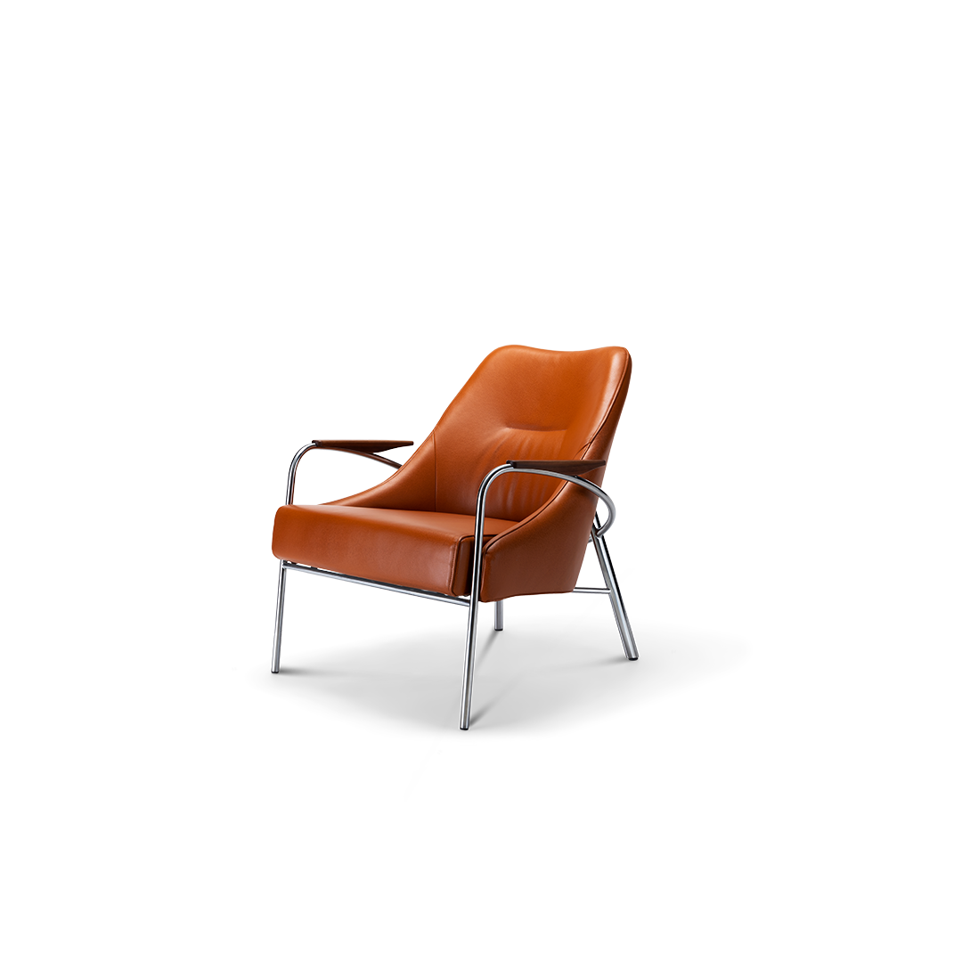 Harvink fauteuil Blazoen met armlegger in leer club cognac met frame geschuurd chroom