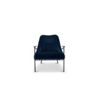 Harvink fauteuil Blazoen met armlegger in Amerikaans noten en in stof Alma fluweel blauw met frame zwart fijnstructuur