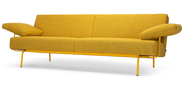 Harvink bank Tyfoon in stof Spectrum geel met frame RAL 1004 goud geel fijnstructuur